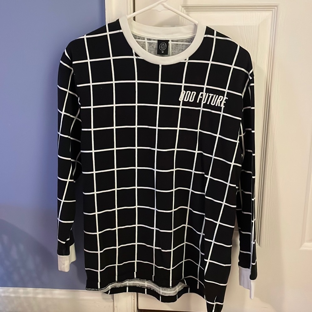 Mens Medium Odd Future Grid Black Long Sleeve Knit T-Shirt
